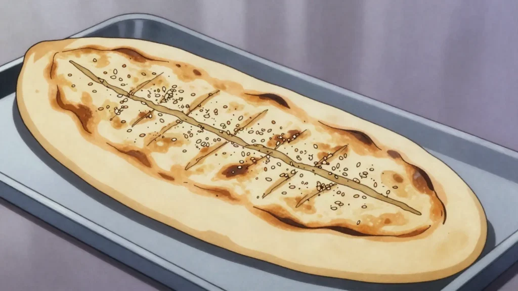 Barbari, thick ridged breakfast flatbread topped with sesame, Iran bread & pastry, anime style