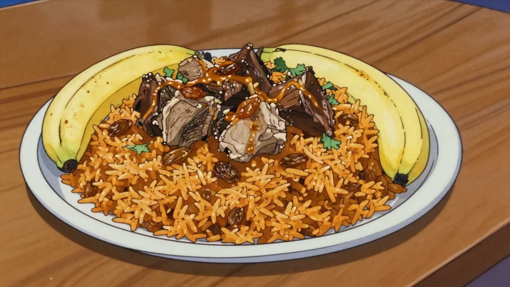 Bariis iskukaris, xawaash-spiced rice cooked with goat or camel meat and raisins, Somalia main, anime style