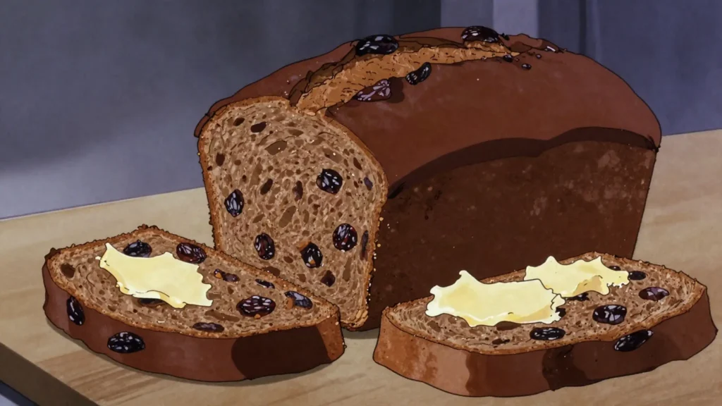 Barmbrack, sweet fruit loaf hiding charms at Halloween, Ireland bread & pastry, anime style