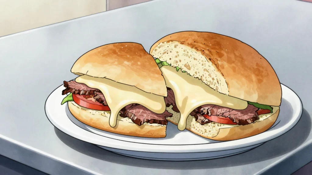 Barros Luco, hot sandwich of thin beef and melted cheese in a roll, Chile street food, anime style