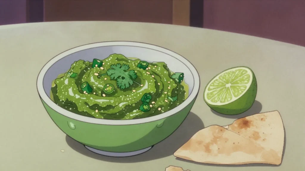 Basbaas, green chili, coriander and lime relish set on every table, Djibouti sauce & condiment, anime style