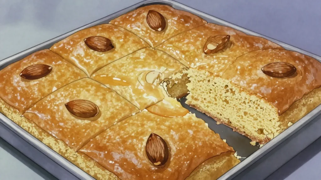 Basbousa, semolina cake soaked in syrup, topped with almonds, Egypt dessert, anime style