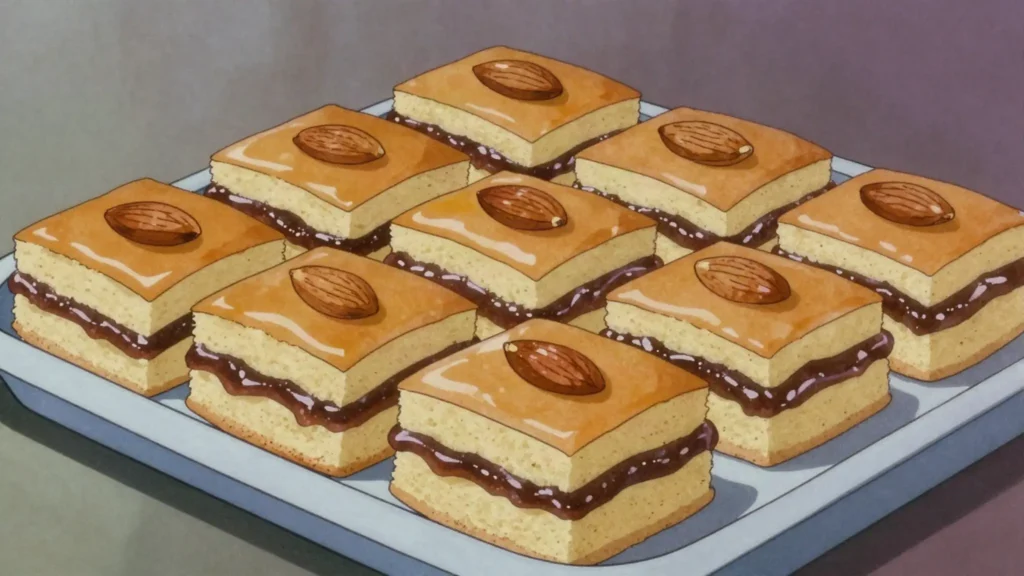 Basbousa bil tamr, semolina cake layered with date paste and almonds, cut into diamonds, Libya dessert, anime style