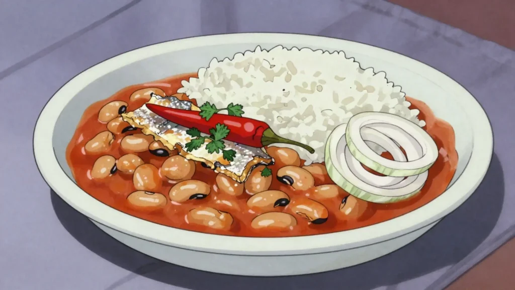 Base nyebbe, black-eyed peas stewed with tomato, onion and fish, served over rice, Gambia soup & stew, anime style