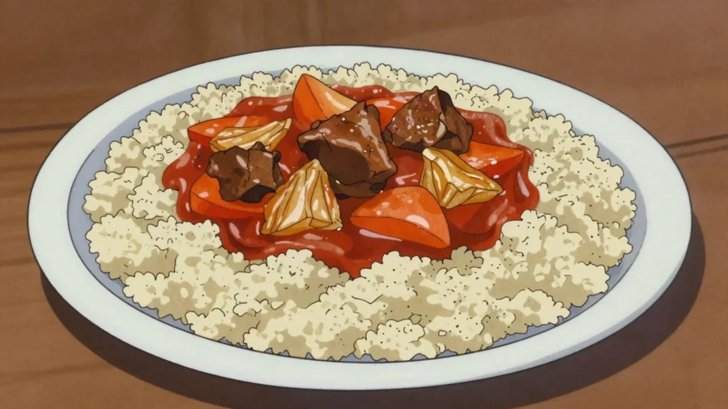 Basi, steamed millet couscous served under a meat and vegetable sauce, Mali main, anime style