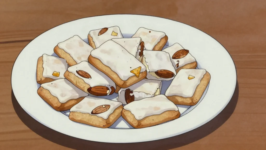 Basler Läckerli, chewy spiced honey-almond squares from Basel, Switzerland snack, anime style