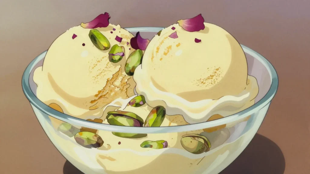 Bastani sonnati, saffron-rosewater ice cream with pistachios and frozen cream chunks, Iran dessert, anime style