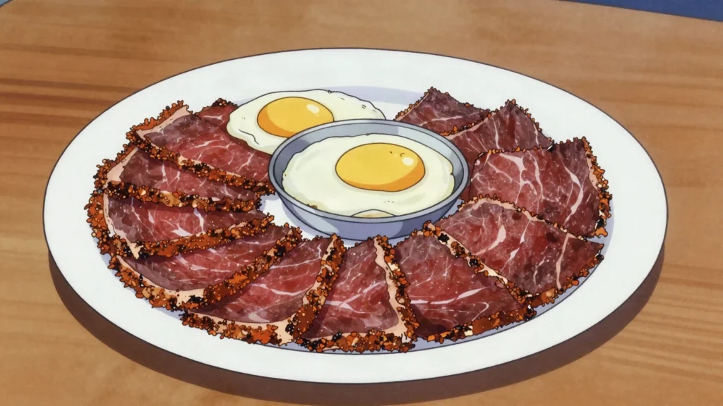 Bastirma, air-dried beef under a thick fenugreek-garlic crust, fried with eggs, Egypt charcuterie & cured, anime style