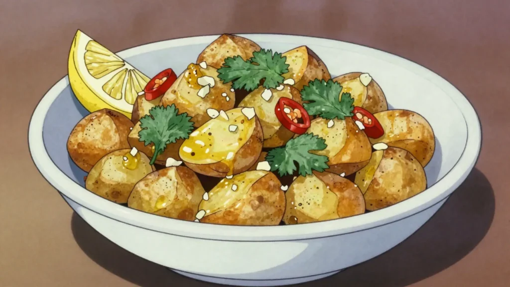 Batata harra, cubed potatoes fried with garlic, coriander and chili, Lebanon salad & side, anime style