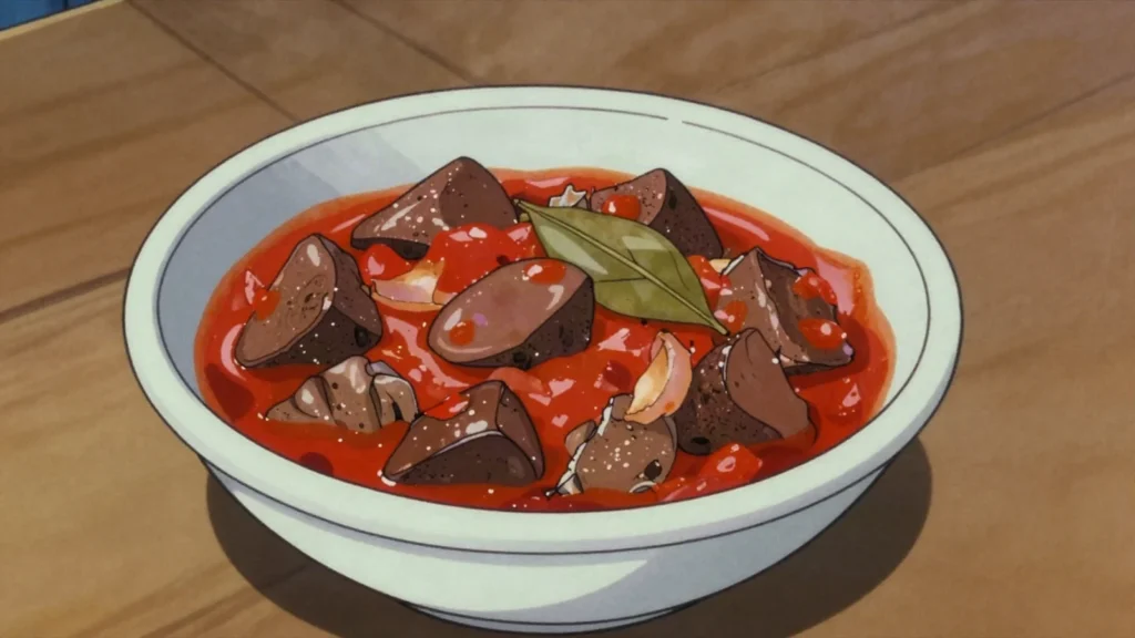 Batiburrillo, stew of beef and lamb offal - liver, kidney and heart - with onion, Paraguay main, anime style