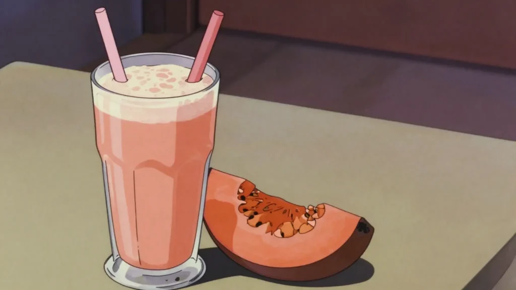 Batido de mamey, thick milkshake of salmon-pink mamey sapote with ice and sugar, Cuba drink, anime style
