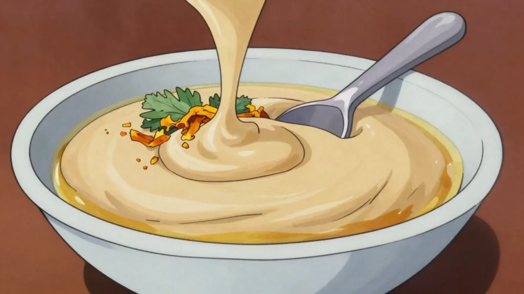 Bazhe, cold walnut sauce loosened with water, garlic, coriander and marigold, Georgia sauce & condiment, anime style