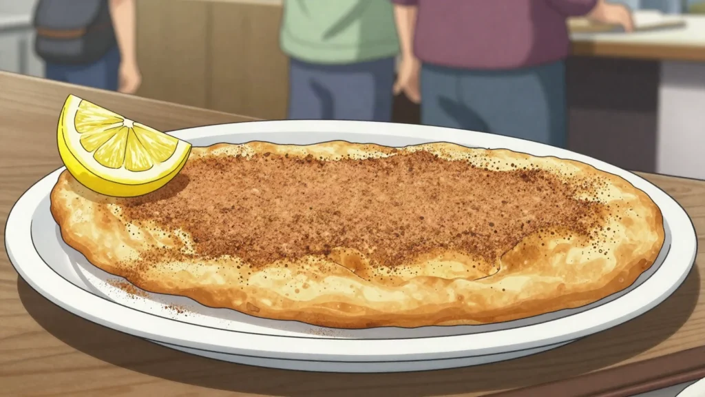 BeaverTails, fried dough pastry stretched flat, topped with cinnamon sugar, Canada street food, anime style