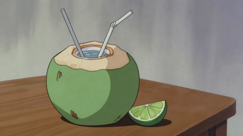 Bee Nuu, green coconut water drunk straight from the nut at roadside stalls, Timor-Leste drink, anime style