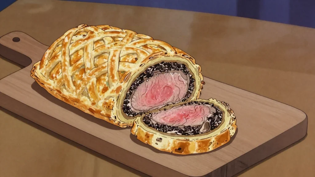 Beef Wellington, beef fillet with mushroom duxelles baked in puff pastry, United Kingdom main, anime style