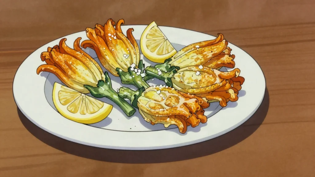 Beignets de fleurs de courgette, courgette blossoms in light batter, fried and eaten with fingers, Monaco snack, anime style