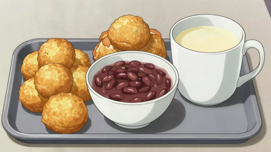 Beignets haricots bouillie, fried dough balls with stewed beans and hot maize porridge, the, Cameroon breakfast, anime style