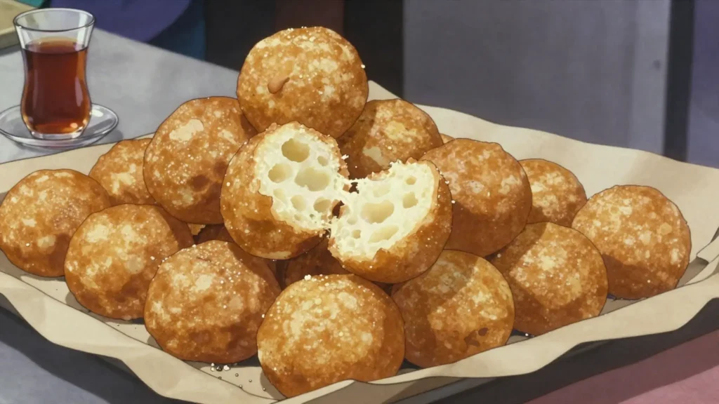 Beignets, sugar-dusted fried dough from street stalls, Gabon snack, anime style