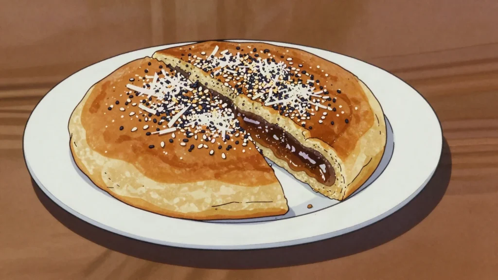 Bein Mont, sticky rice pancake with jaggery, coconut and poppy seed, cooked over coals, Myanmar street food, anime style