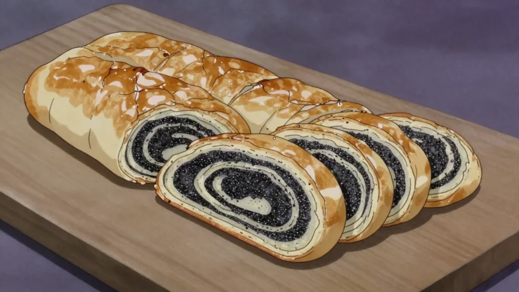 Bejgli, rolled pastry log filled with dense poppy seed or walnut paste, Hungary dessert, anime style
