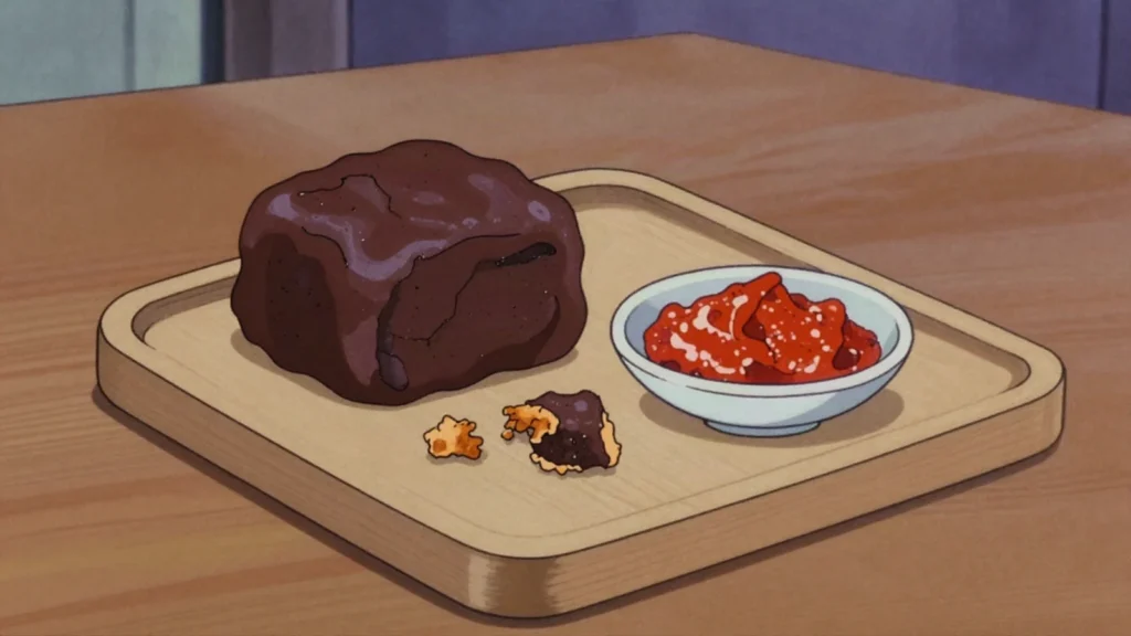 Belacan, compressed block of fermented shrimp, toasted before pounding into sambal, Malaysia sauce & condiment, anime style