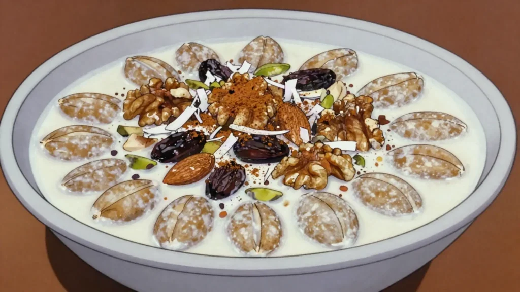 Belila, whole wheat berries simmered in sweetened milk with nuts and cinnamon, Egypt breakfast, anime style