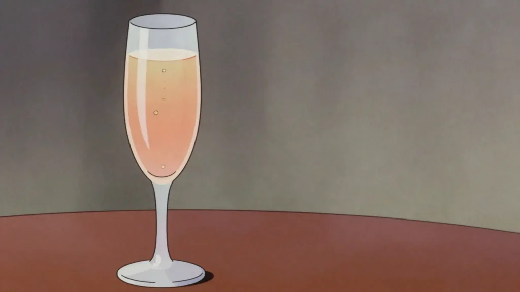 Bellini, white peach purée topped with cold Prosecco, served in a flute, Italy cocktail, anime style