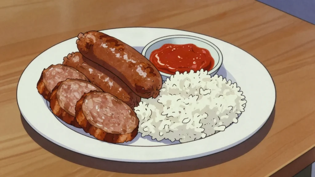 Belutak, fat beef sausage fermented in its own casing, then fried in thick slices, Brunei charcuterie & cured, anime style