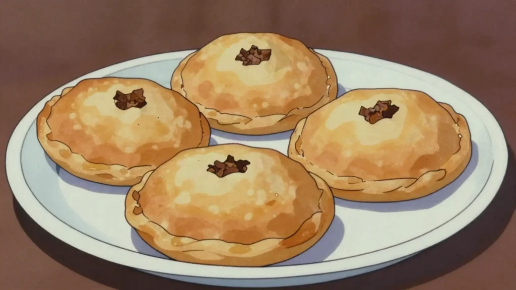 Belyash, round fried dough pies with a meat filling, open at the top, Kazakhstan street food, anime style