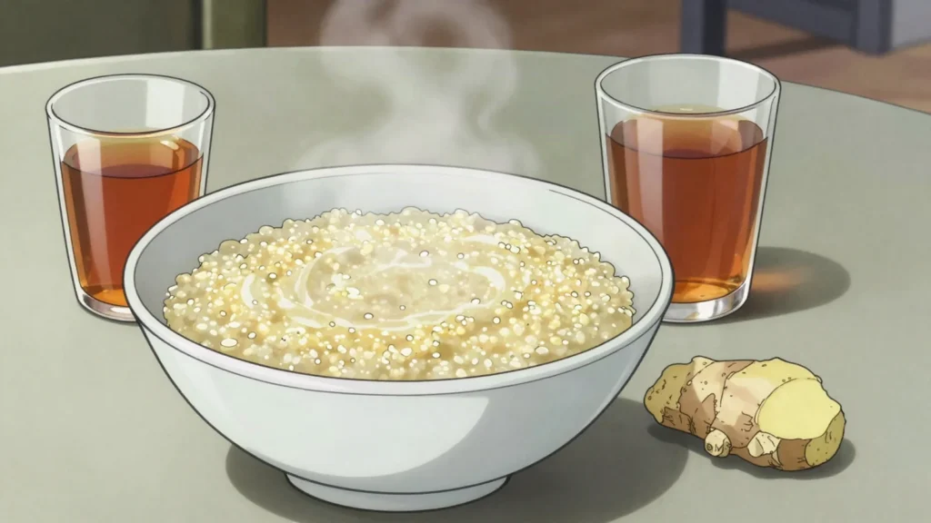 Ben-saalga, thin sour gruel of fermented pearl millet, drunk warm, often given to small, Burkina Faso breakfast, anime style