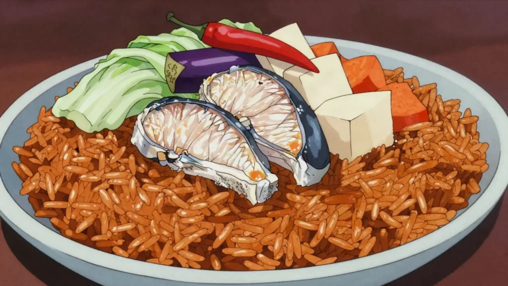 Benachin, one-pot jollof-style rice cooked with fish or meat and vegetables, Gambia main, anime style
