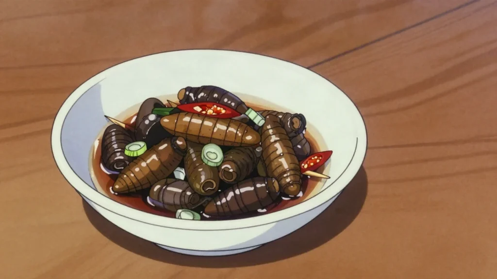 Beondegi, steamed silkworm pupae sold in paper cups, nutty and startlingly earthy, South Korea street food, anime style
