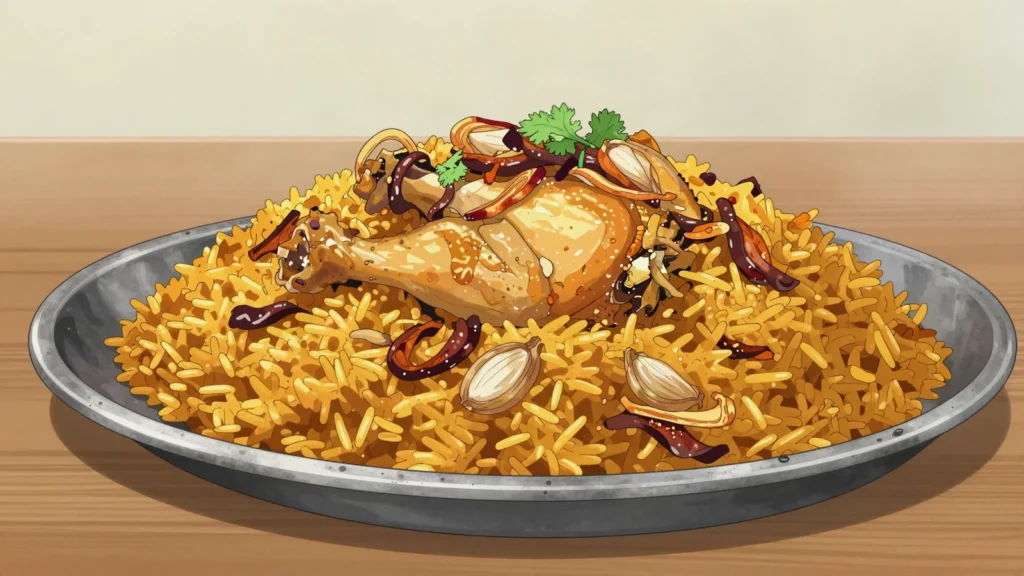Beriani Gam, spiced rice baked with chicken or mutton until the gravy is absorbed, Brunei main, anime style