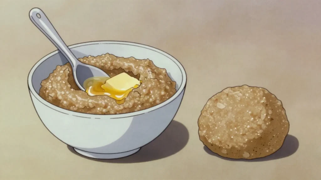 Besso, roasted barley flour stirred with water, butter and salt or sugar, Ethiopia breakfast, anime style