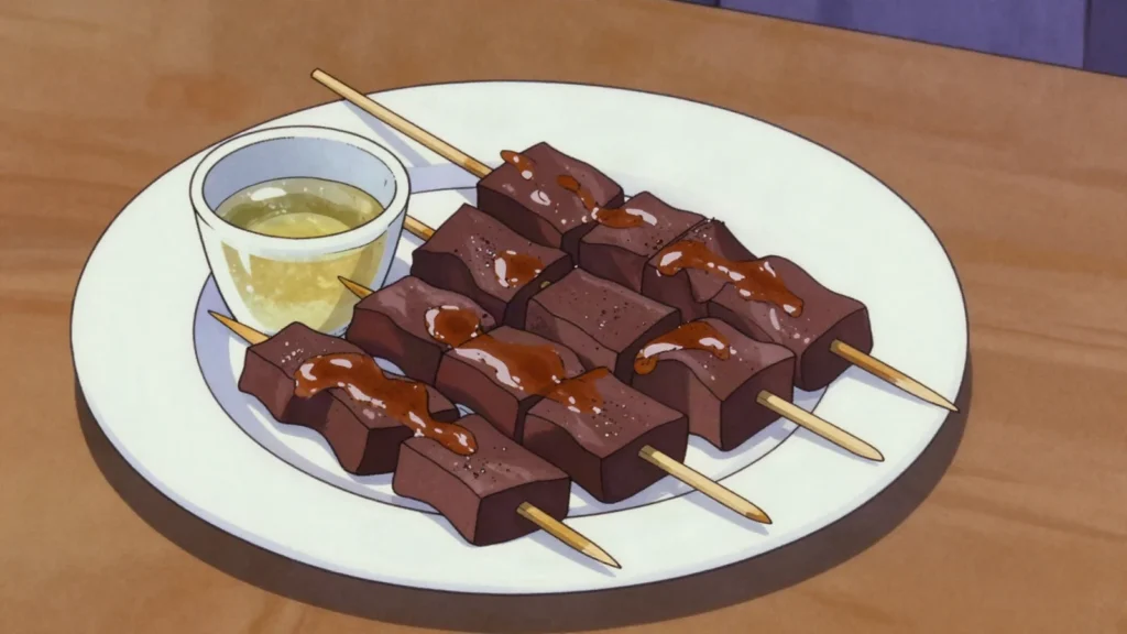 Betamax, cubes of set chicken blood grilled on skewers and brushed with sauce, Philippines street food, anime style