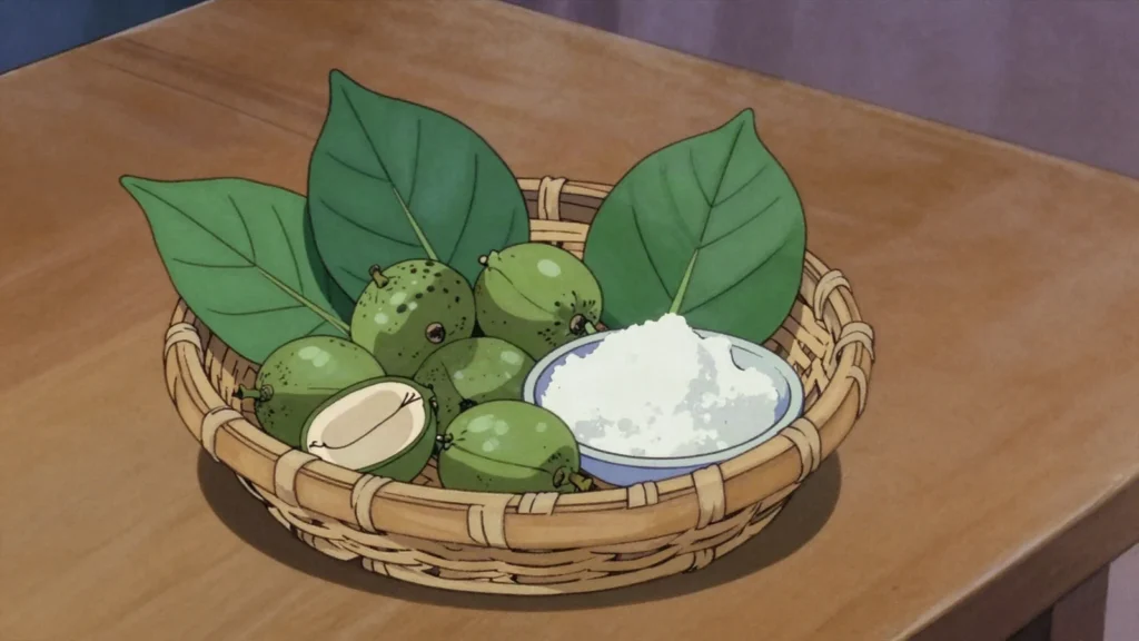 Betel Nut, areca nut chewed with lime and pepper leaf, ubiquitous on Yap, Micronesia snack, anime style
