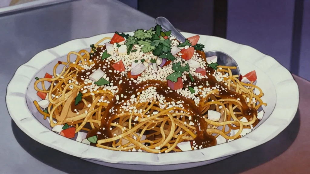 Bhelpuri, puffed rice tossed with onion, tamarind and coriander chutney in a paper cone, India street food, anime style