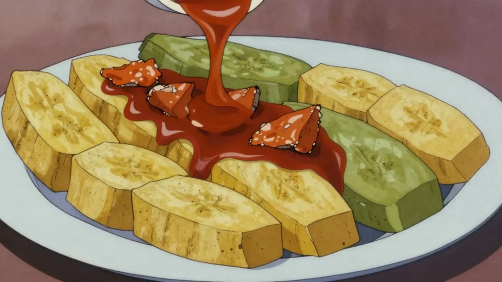 Bianda, boiled cassava, yam or plantain served under a sauce or stew, Guinea-Bissau main, anime style