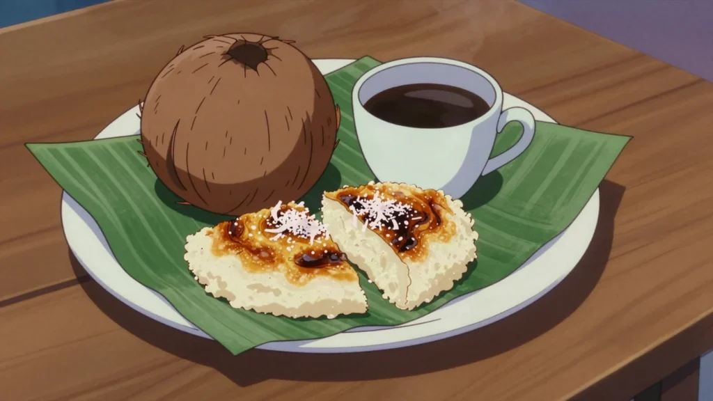 Bibinka, coconut and rice-flour cake grilled between hot plates, Timor-Leste dessert, anime style