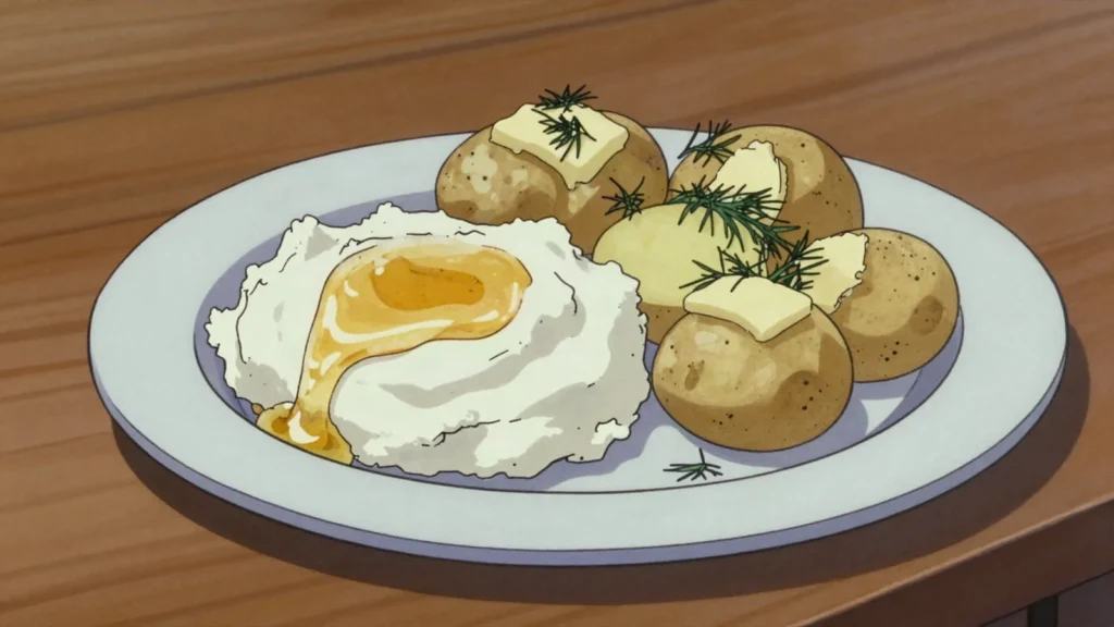 Biezpiens, fresh curd cheese eaten with sour cream, honey or new potatoes, Latvia cheese & dairy, anime style