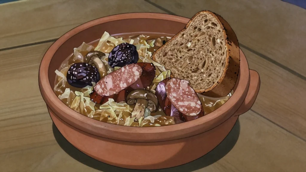 Bigos, hunter's stew of sauerkraut, fresh cabbage, meats, sausage, prunes, Poland soup & stew, anime style