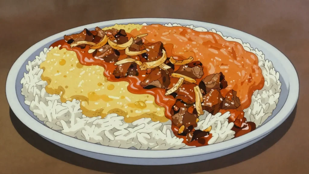 Biriani, layered coastal rice with spiced meat, saffron-tinted and served at weddings, Kenya main, anime style