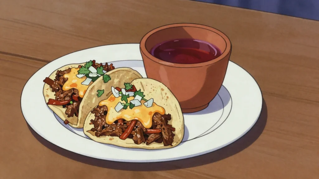 Birria, jalisco chile-braised goat or beef, served with consommé, Mexico soup & stew, anime style