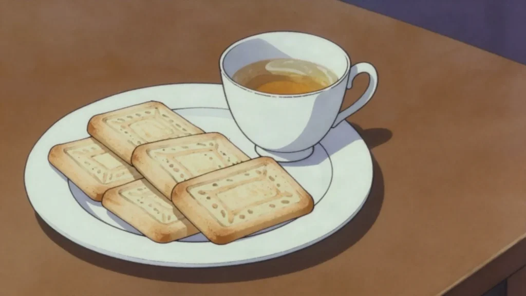 Biscuit manioc, dry cassava flour biscuits stamped in wooden moulds, dunked in tea, Mauritius snack, anime style