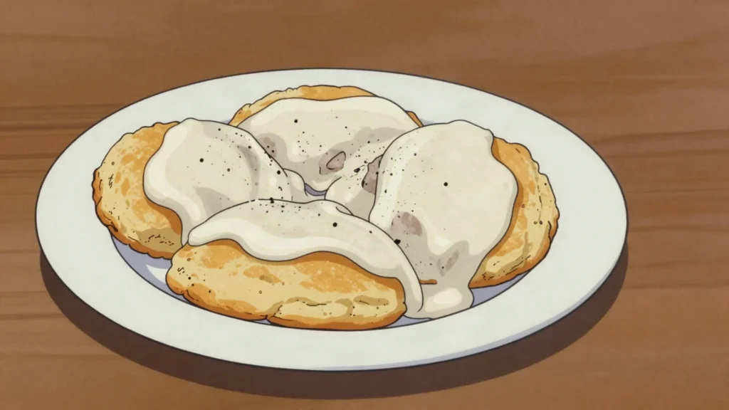 Biscuits and gravy, flaky biscuits smothered in peppery sausage cream gravy, United States breakfast, anime style
