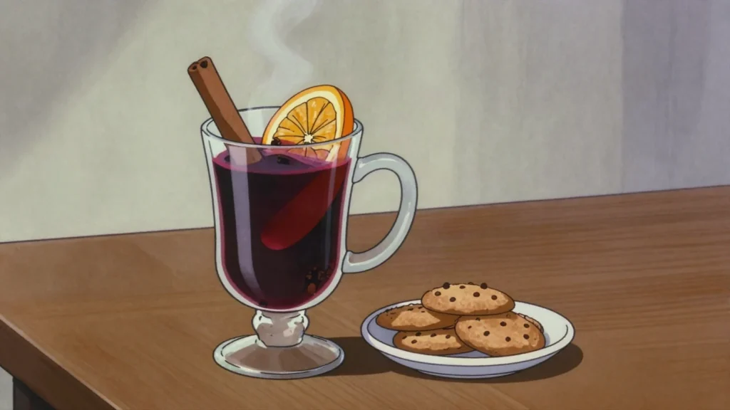 Bisschopswijn, red wine mulled with orange, cloves and cinnamon at Sinterklaas, Netherlands cocktail, anime style