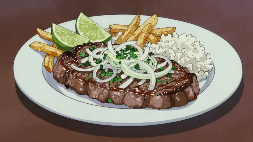 Bistec de palomilla, thin beef steak marinated in garlic and lime, topped with raw onion, Cuba main, anime style
