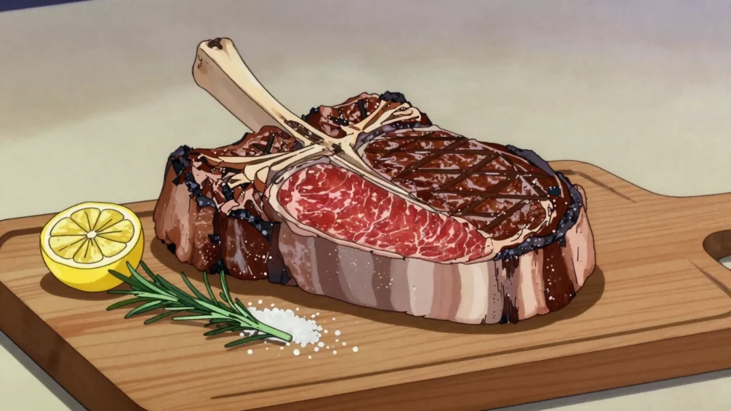 Bistecca alla fiorentina, thick rare Chianina T-bone grilled over coals, Italy main, anime style