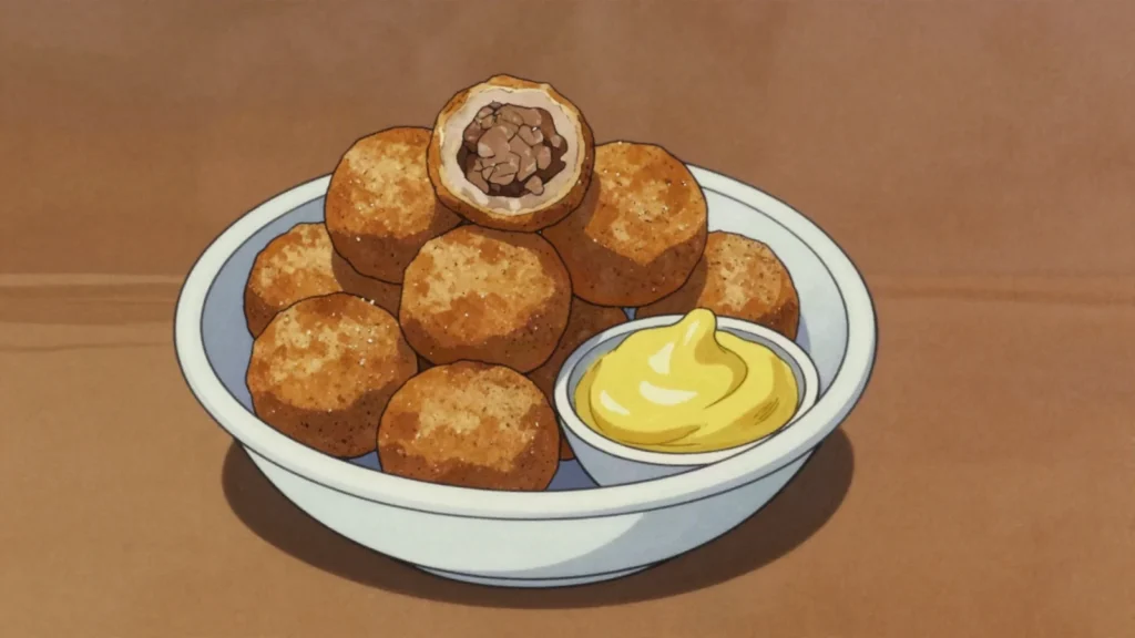 Bitterballen, crunchy fried balls of beef ragout, dipped in mustard, Netherlands snack, anime style