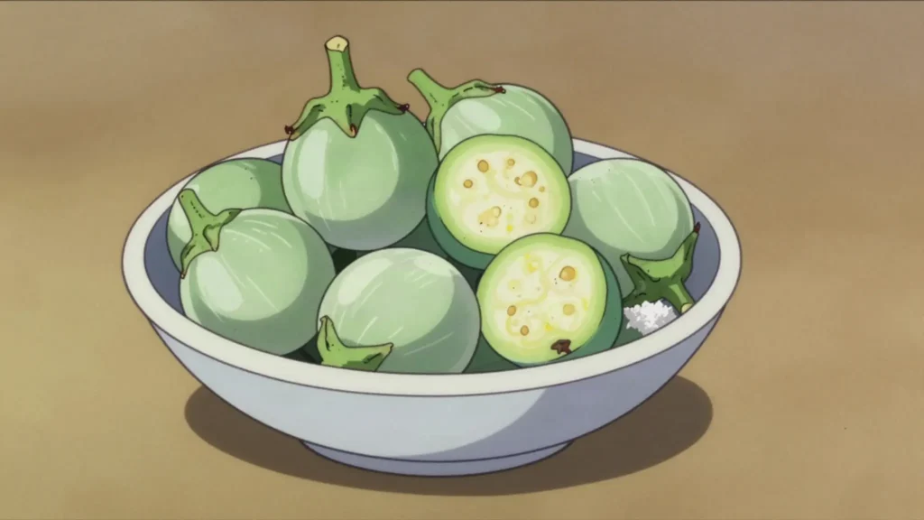 Bitterballs, small bitter African eggplants cooked in soups or eaten raw with salt, Liberia salad & side, anime style
